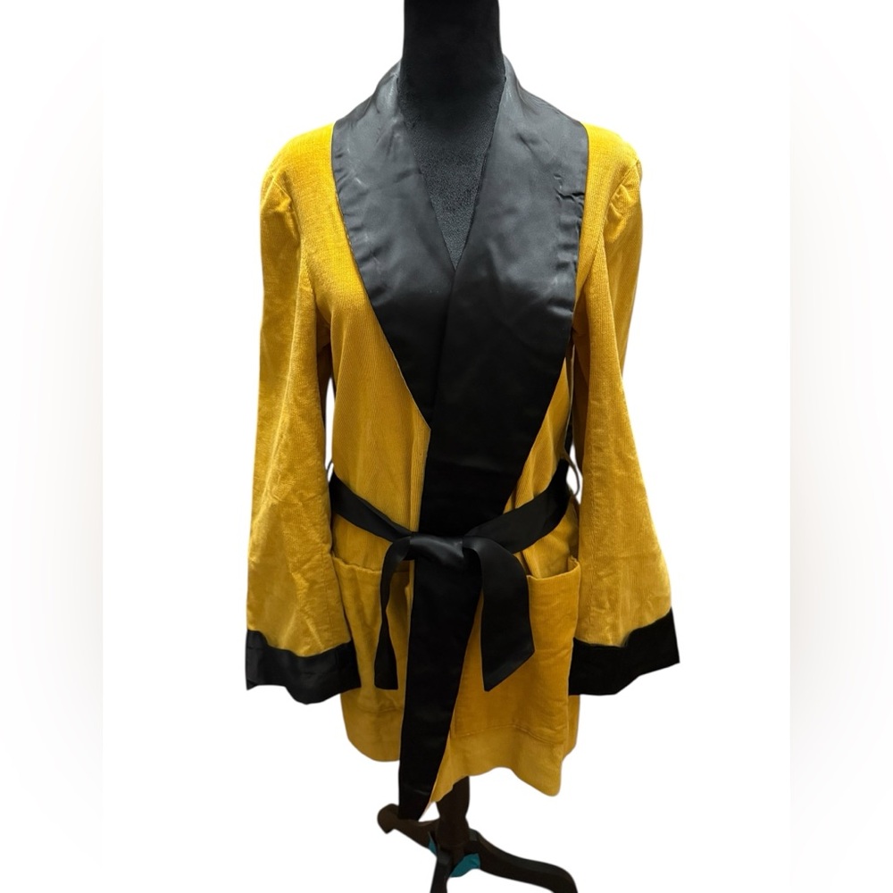 Yellow Corduroy Robe with Black Satin Shawl Collar & Belt - Specialty Hand Made